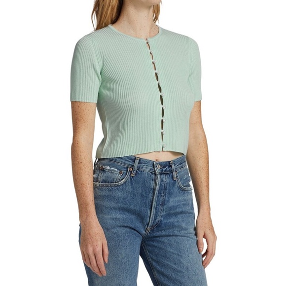 NEW Naadam Silk Cashmere Ribbed Short Sleeve Cardigan Pale Blue XS - Picture 5 of 14